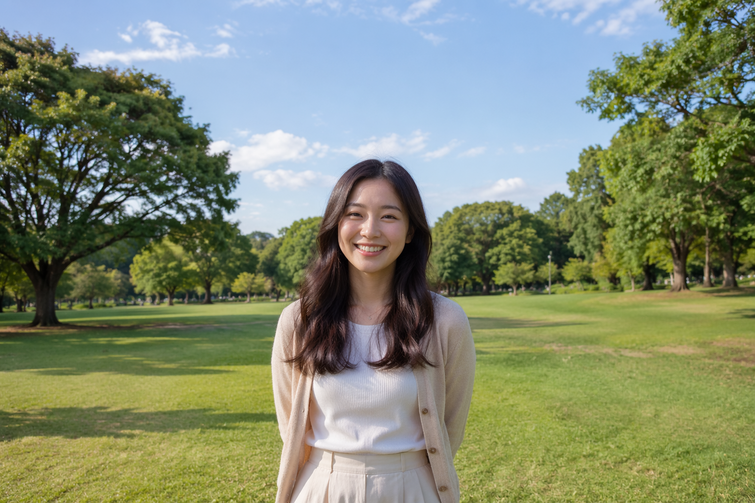 A portrait photo of a person in a park extended horizontally to a wide landscape format