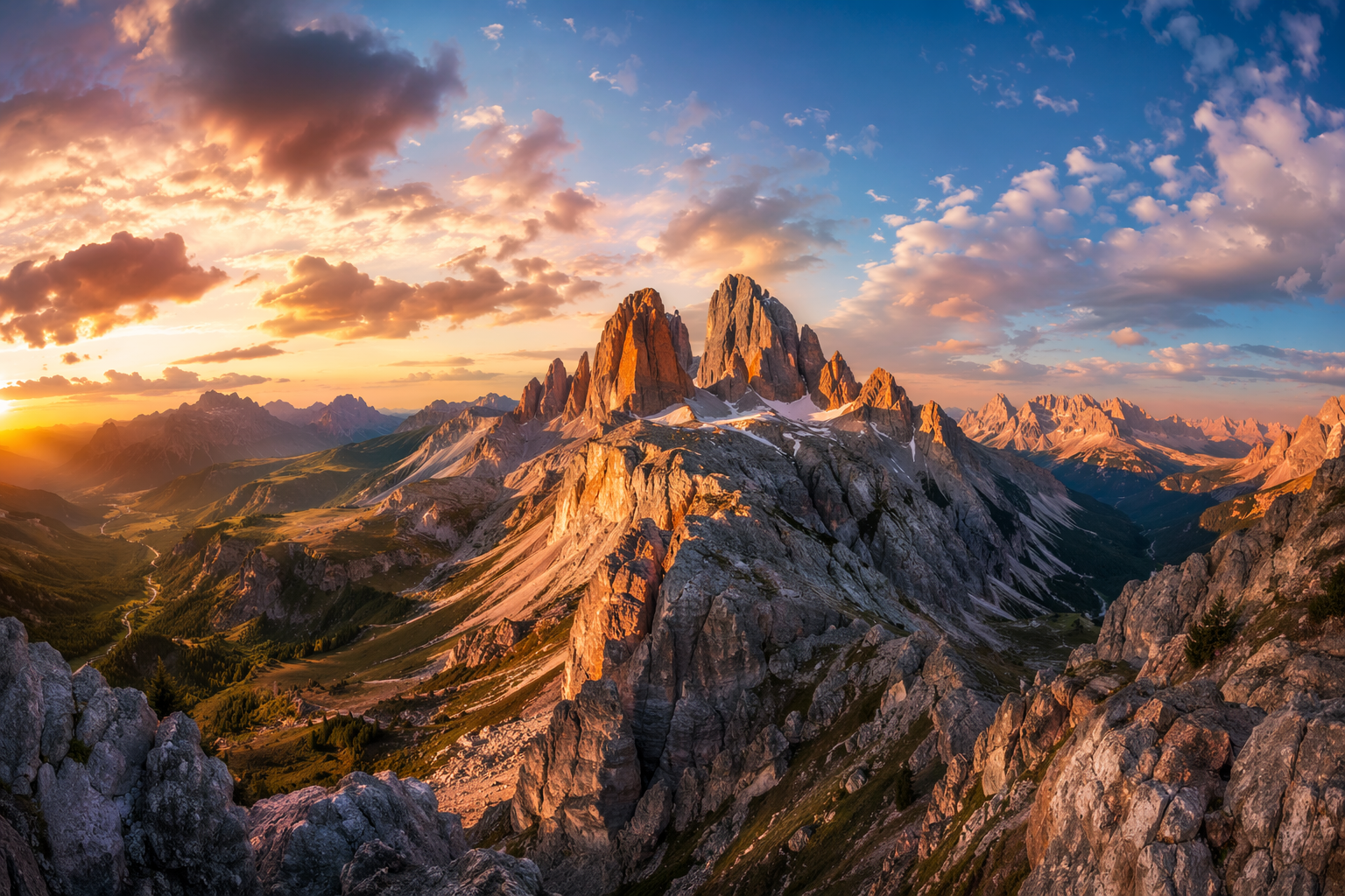 A mountain landscape photo extended into a wide panorama with continued sky and terrain