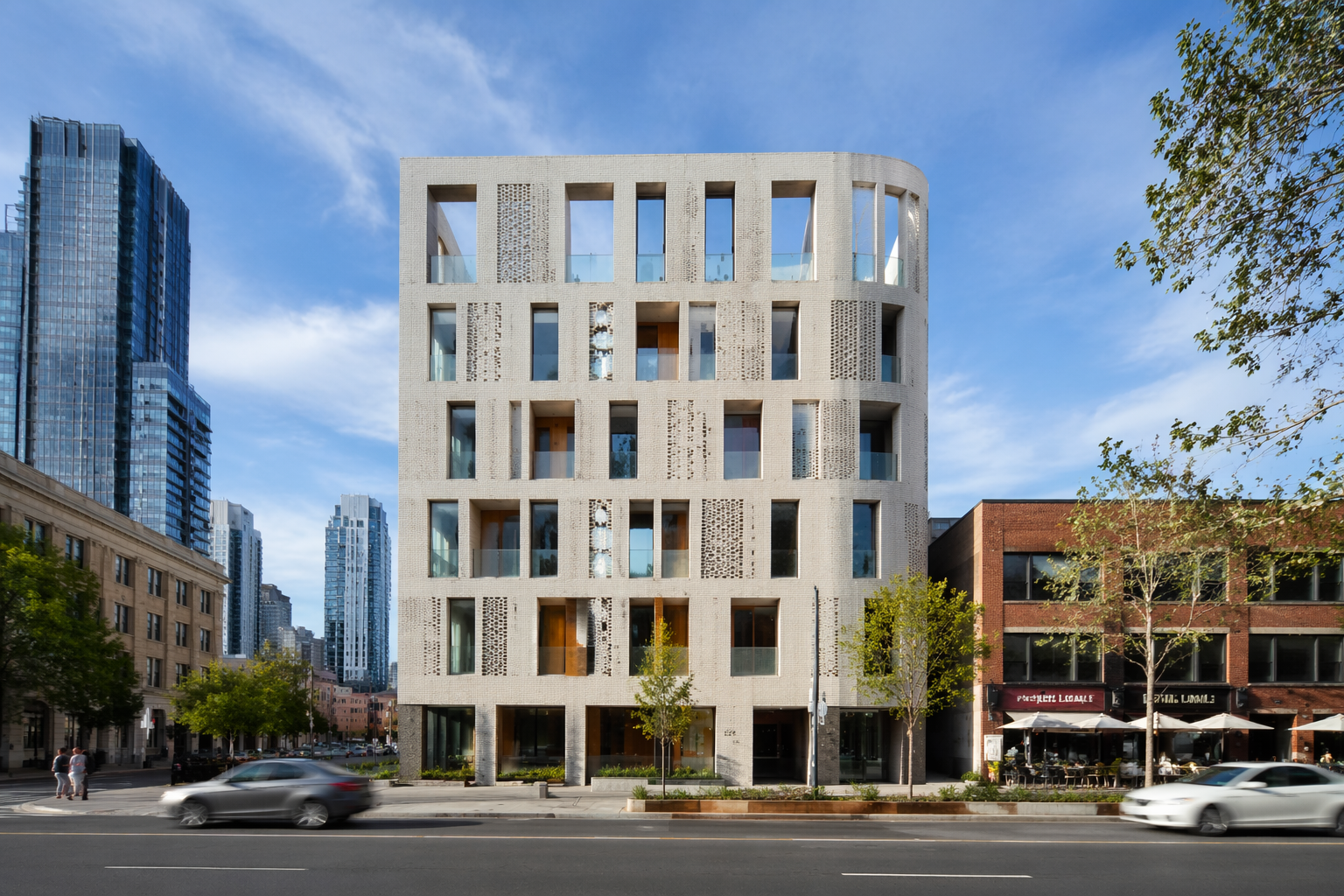 An architectural exterior photo extended to show more of the surrounding urban scene