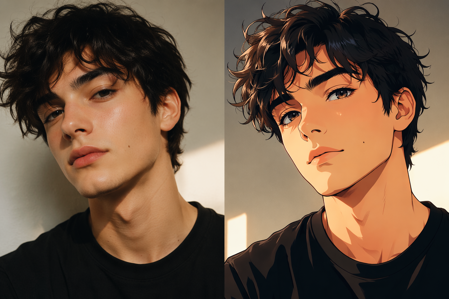 A portrait photo re-rendered as a vibrant anime illustration using image-to-image AI