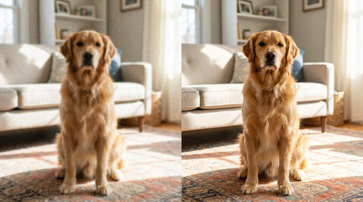 Before and after of the same original golden retriever in one room, small low-res versus large high-res