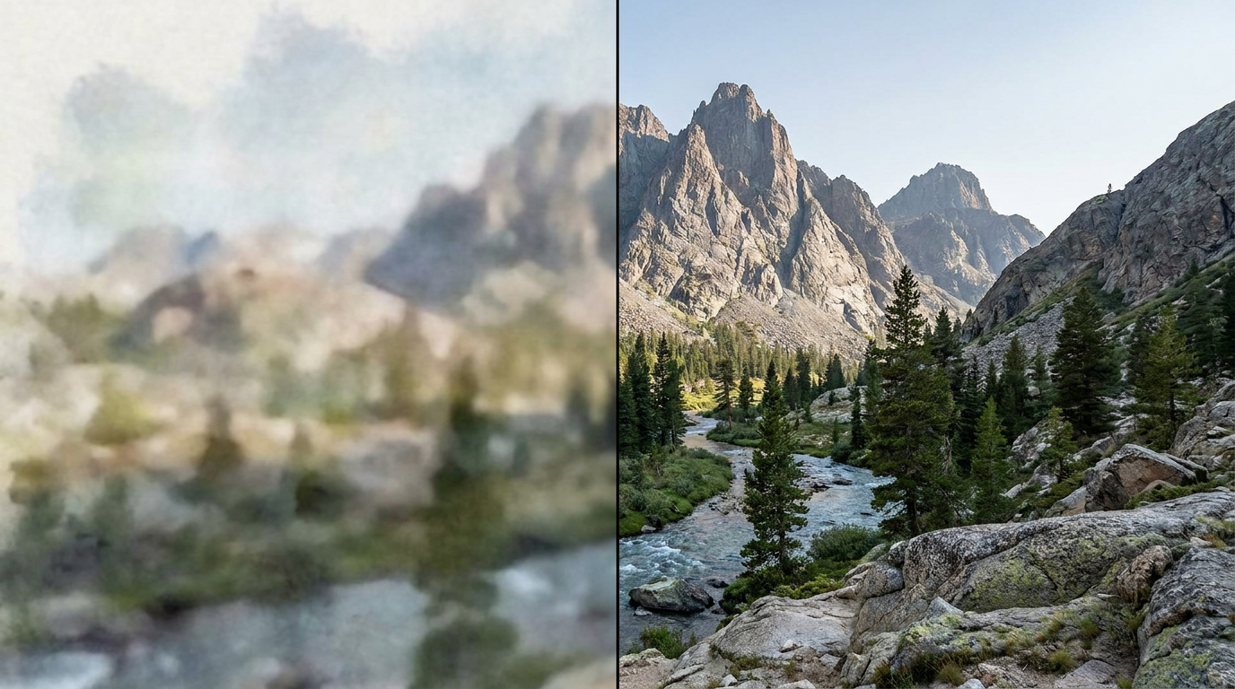 Before and after of an original mountain landscape, small low-res versus large 4K resolution