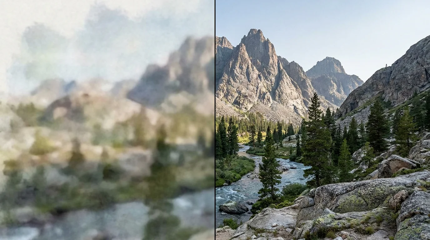 Vorher und nachher einer originalen Berglandschaft, klein und niedrig aufgelöst gegen groß in 4K-Auflösung