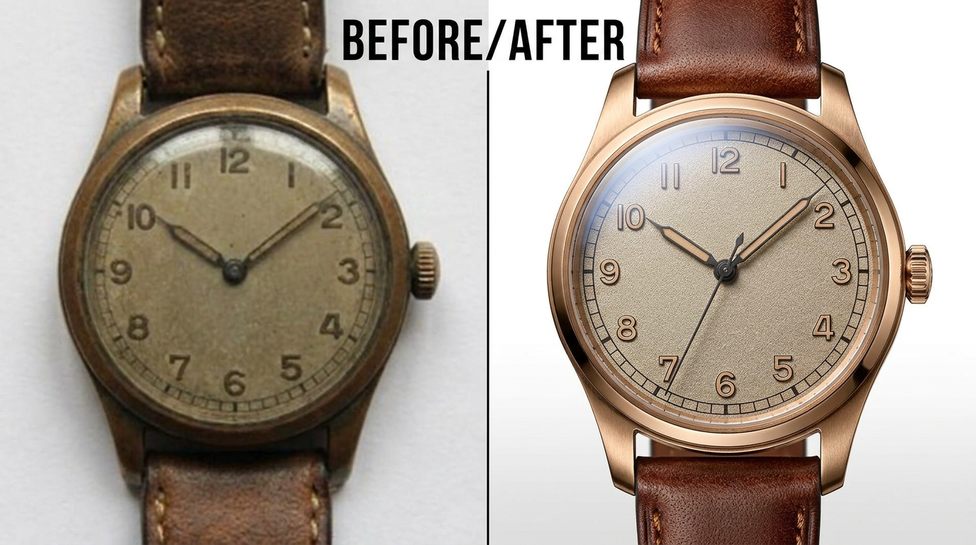 Before and after of an original wristwatch, small low-res versus large high resolution