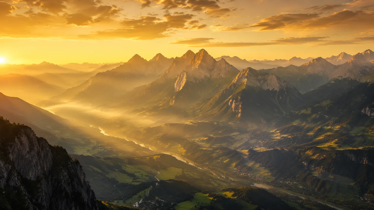 Paisaje montañoso fotorrealista generado por IA en hora dorada con amplio valle y neblina atmosférica