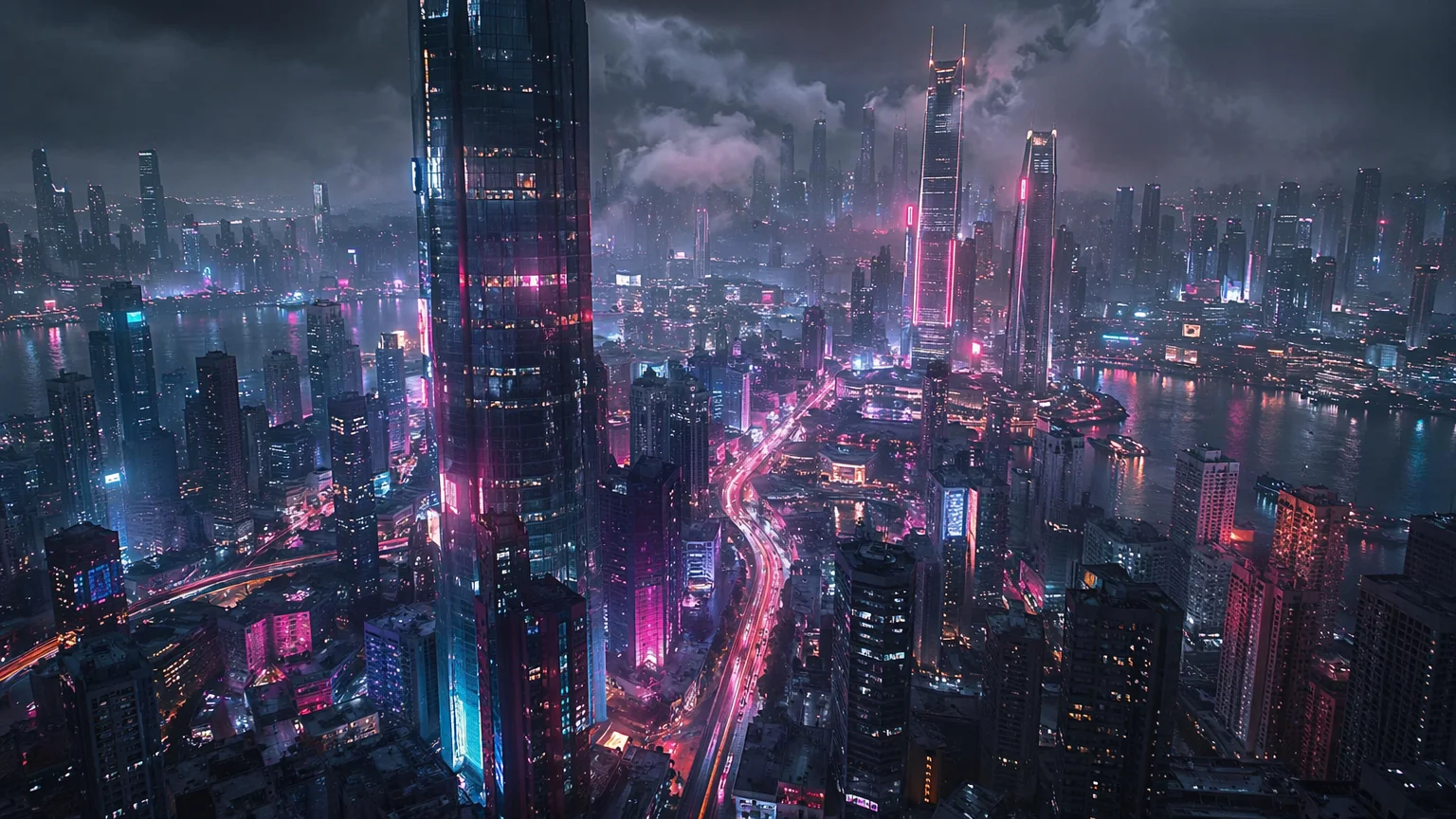Paisaje urbano futurista de neón generado por IA de noche con rascacielos imponentes y calles mojadas