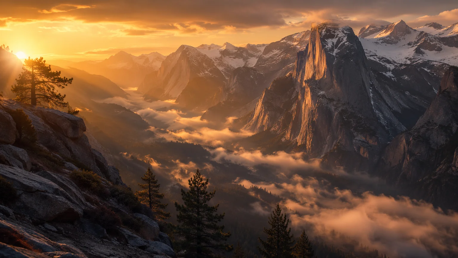 Paisaje montañoso dramático generado por IA en hora dorada con un amplio valle y neblina atmosférica