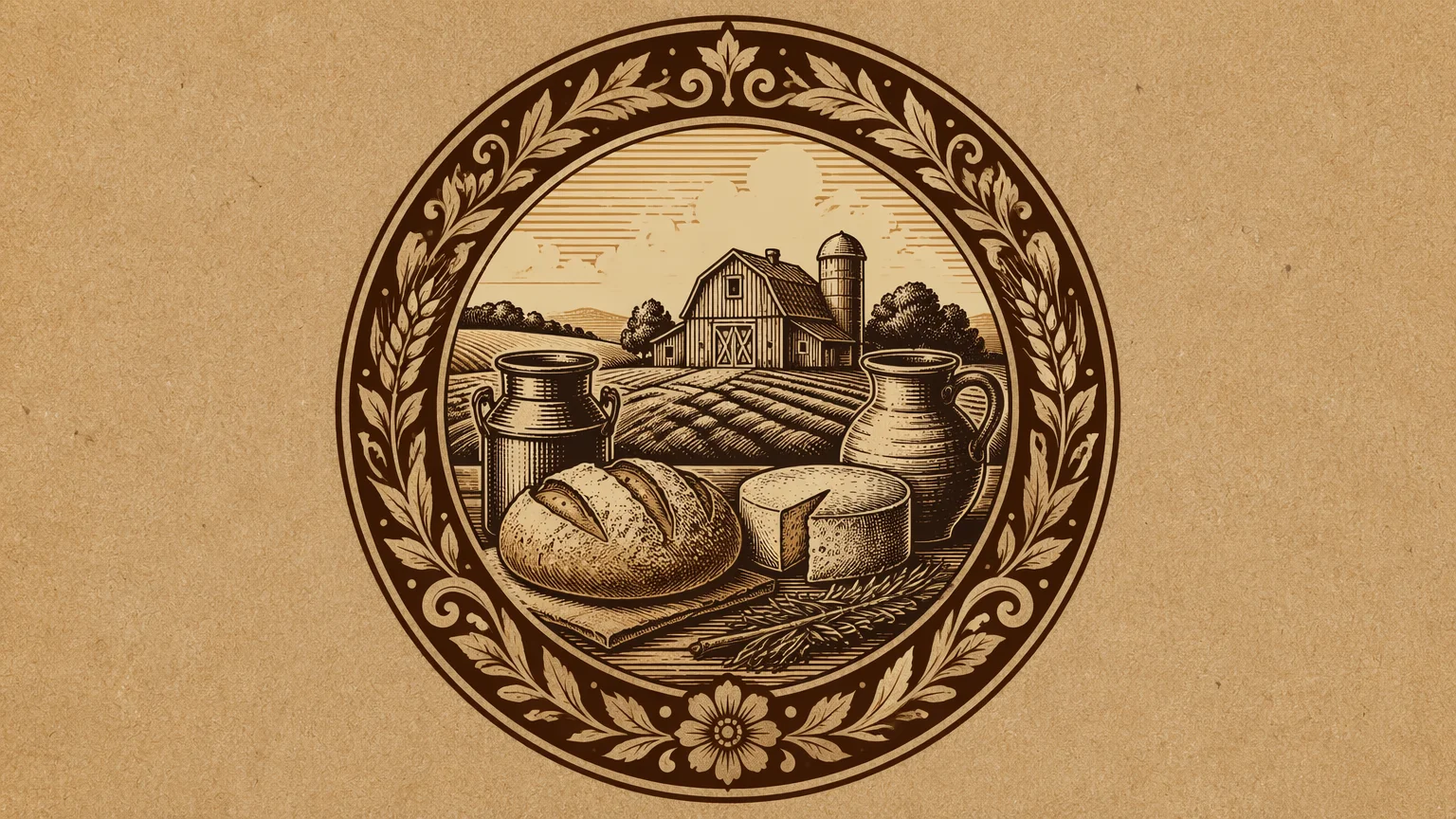 Logo badge para marca de alimentos artesanales generado con IA, emblema circular ornamentado con tonos cálidos terrosos