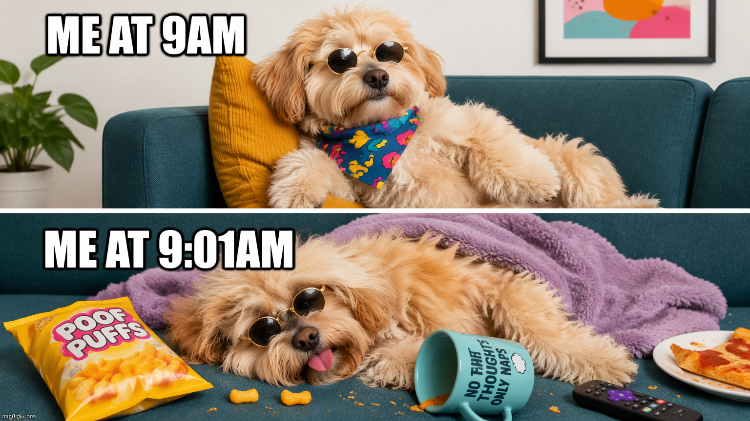 Classic top-and-bottom caption meme of an original dog reading "ME AT 9AM" / "ME AT 9:01AM"