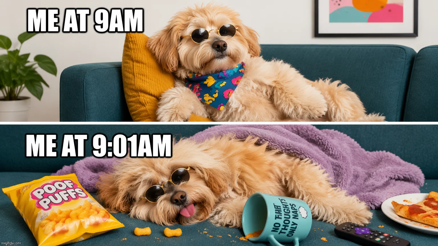 Classic top-and-bottom caption meme of an original dog reading "ME AT 9AM" / "ME AT 9:01AM"