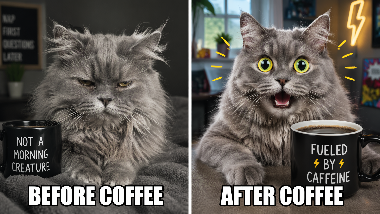 Two-panel before/after meme of an original cat captioned "BEFORE COFFEE" and "AFTER COFFEE"