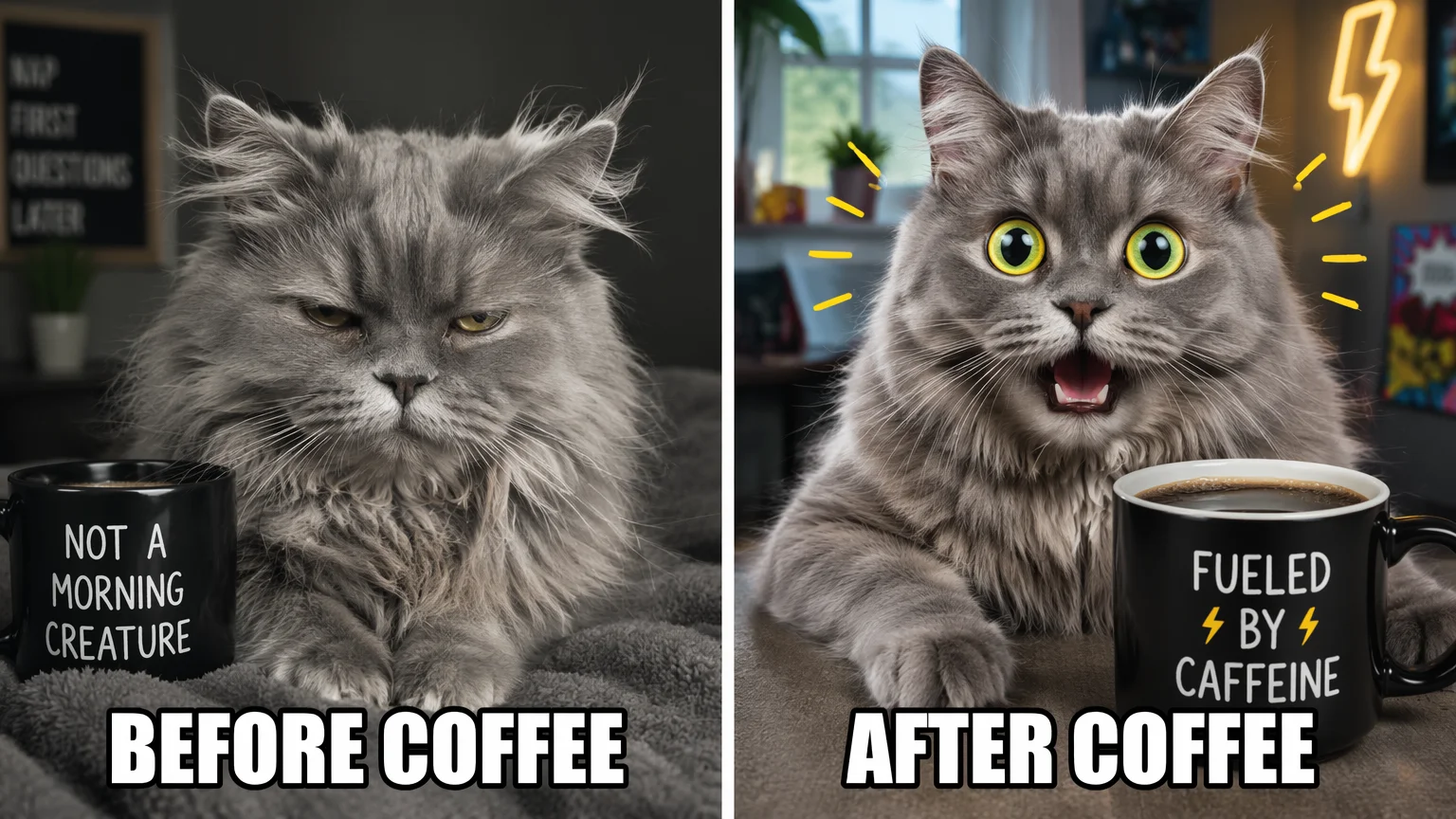 Two-panel before/after meme of an original cat captioned "BEFORE COFFEE" and "AFTER COFFEE"