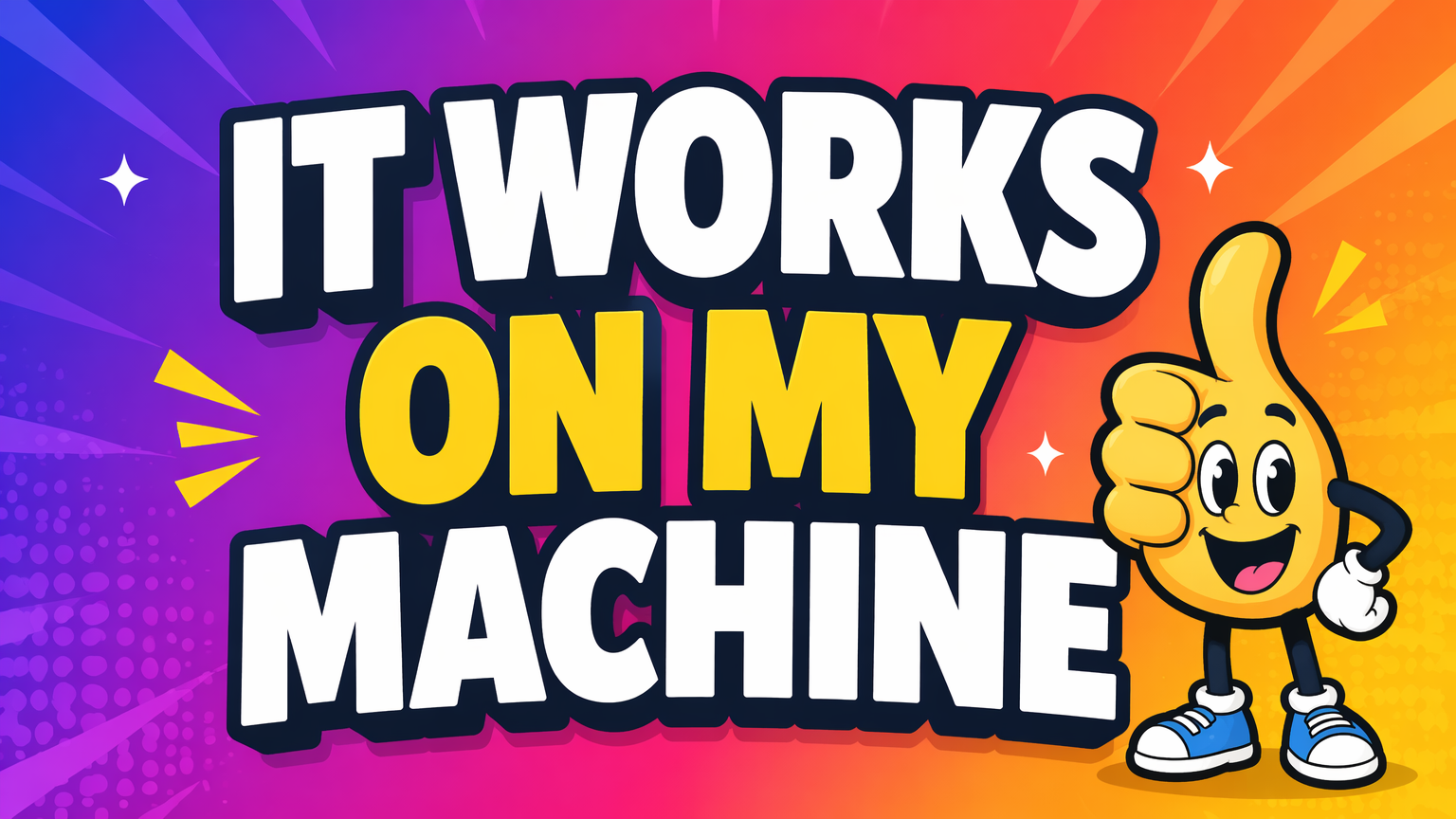 Bold text-on-image meme with clean typography reading "IT WORKS ON MY MACHINE" and an original mascot