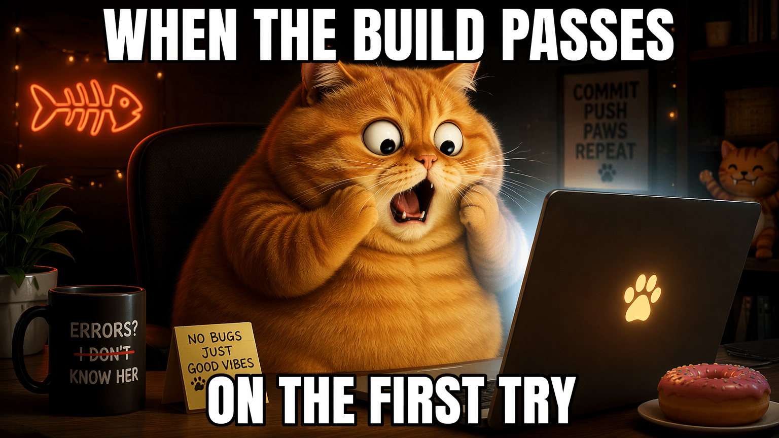 Original cat meme with crisp top caption "WHEN THE BUILD PASSES" and bottom caption "ON THE FIRST TRY"