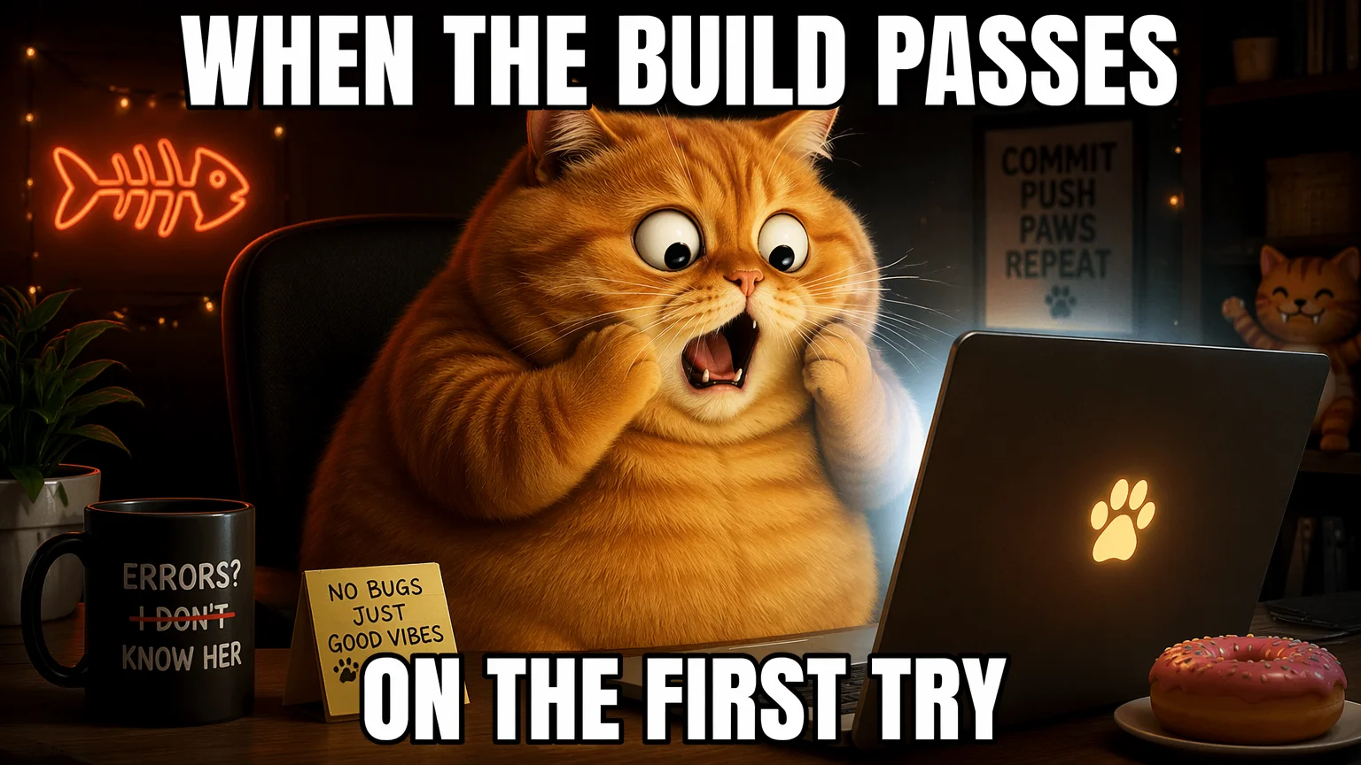 Original cat meme with crisp top caption "WHEN THE BUILD PASSES" and bottom caption "ON THE FIRST TRY"