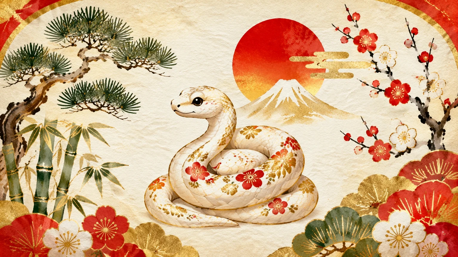 干支のオリジナルイラストと松竹梅、初日の出を描いた伝統的な和風の年賀状