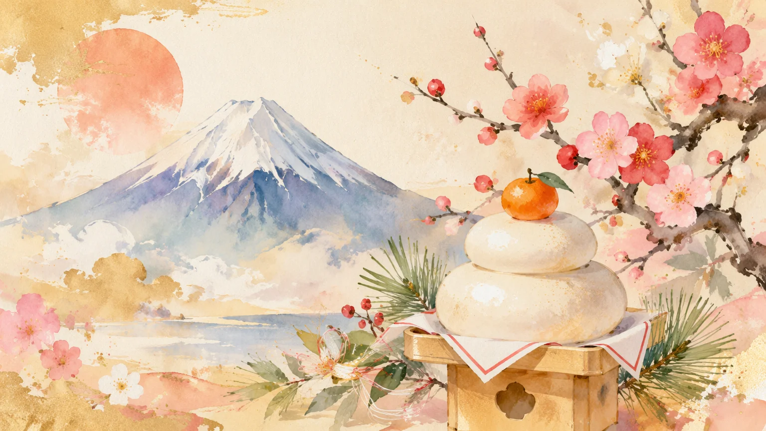 富士山・梅・鏡餅などの縁起物を柔らかな水彩タッチで描いたオリジナルの年賀状
