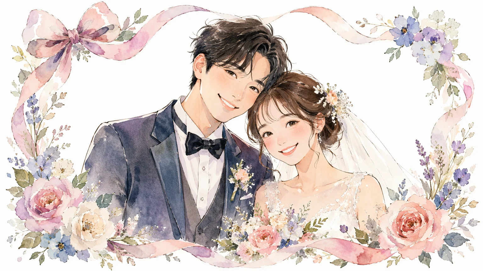 結婚式のウェルカムボード風に、花とともに寄り添うカップルを描いた水彩調のオリジナル似顔絵