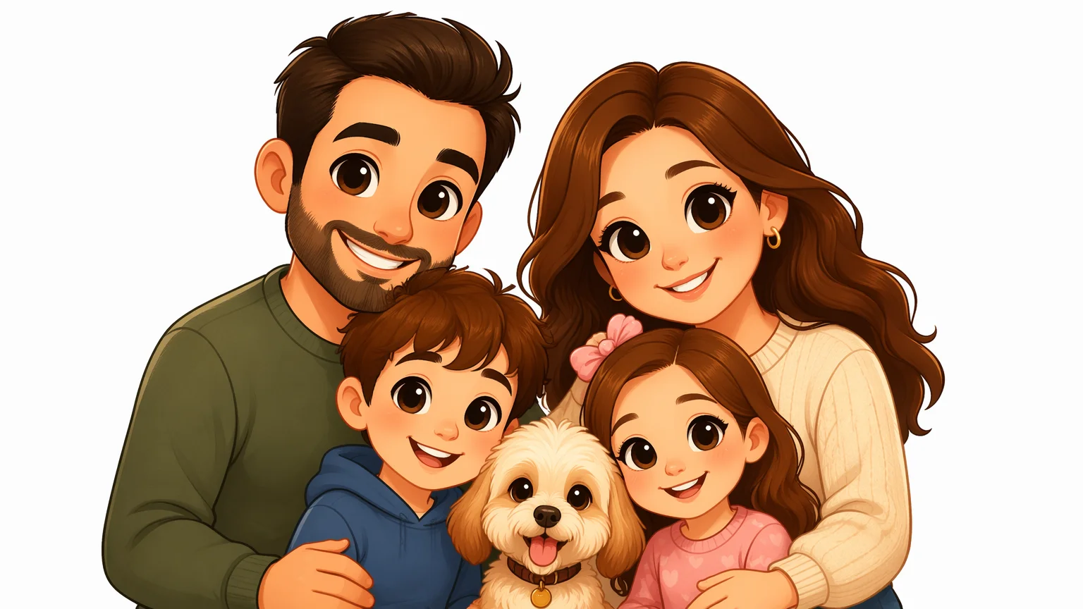 両親と子ども2人を同じかわいいデフォルメ調で揃えた、オリジナルの家族似顔絵イラスト