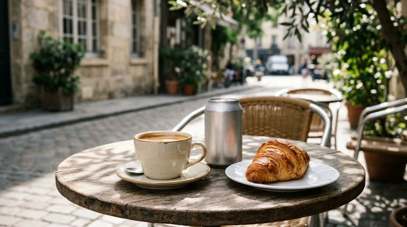 Before removing an object: generated café table photo with a soda can beside the coffee cup