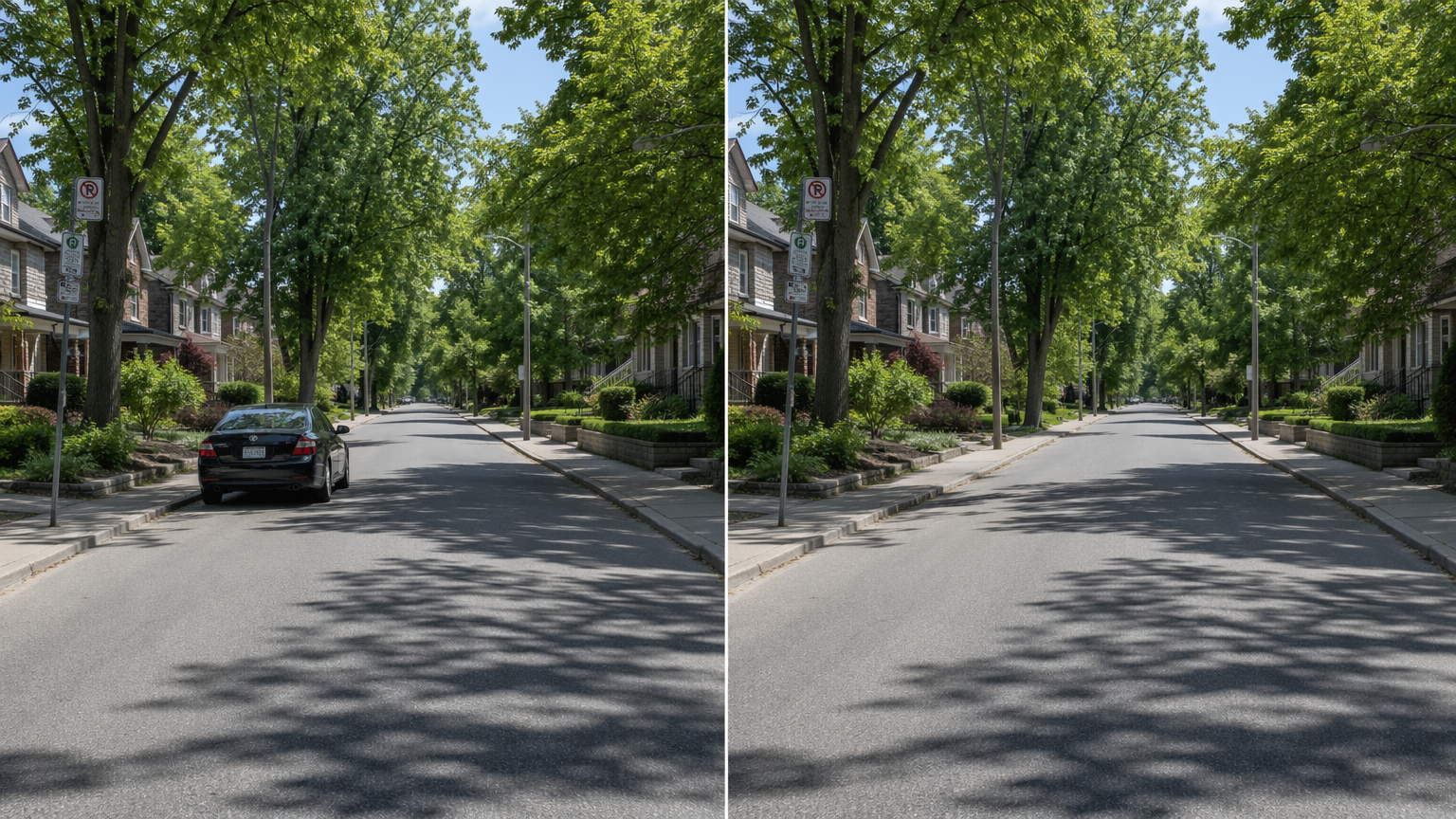 Before and after of the same street, a parked car removed and the road filled by AI inpaint