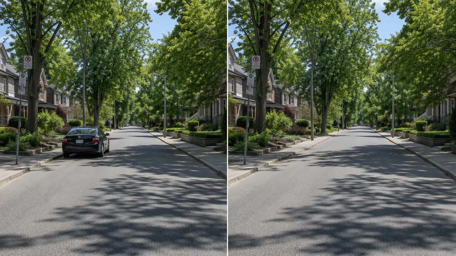 Before and after of the same street, a parked car removed and the road filled by AI inpaint