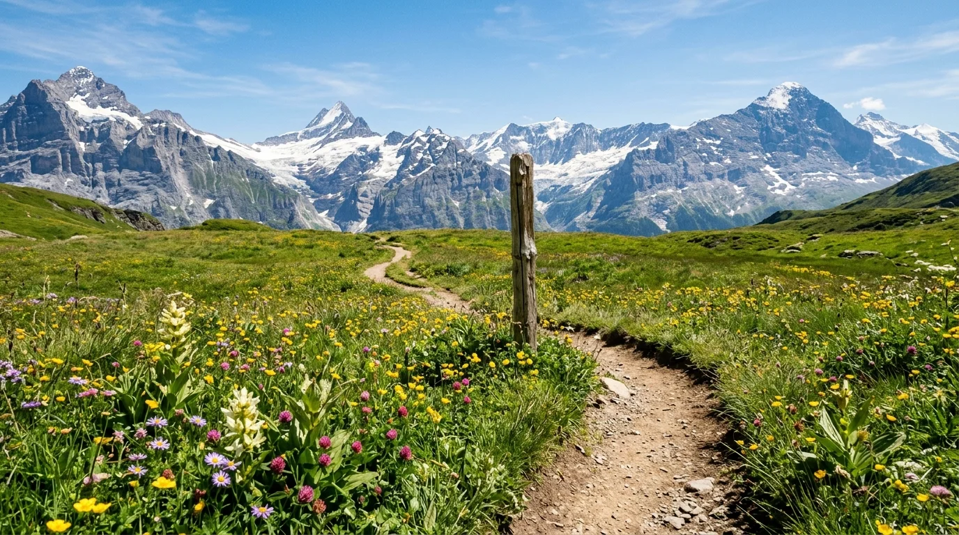 Before removing an object: generated mountain-trail photo with a wooden marker post on the path