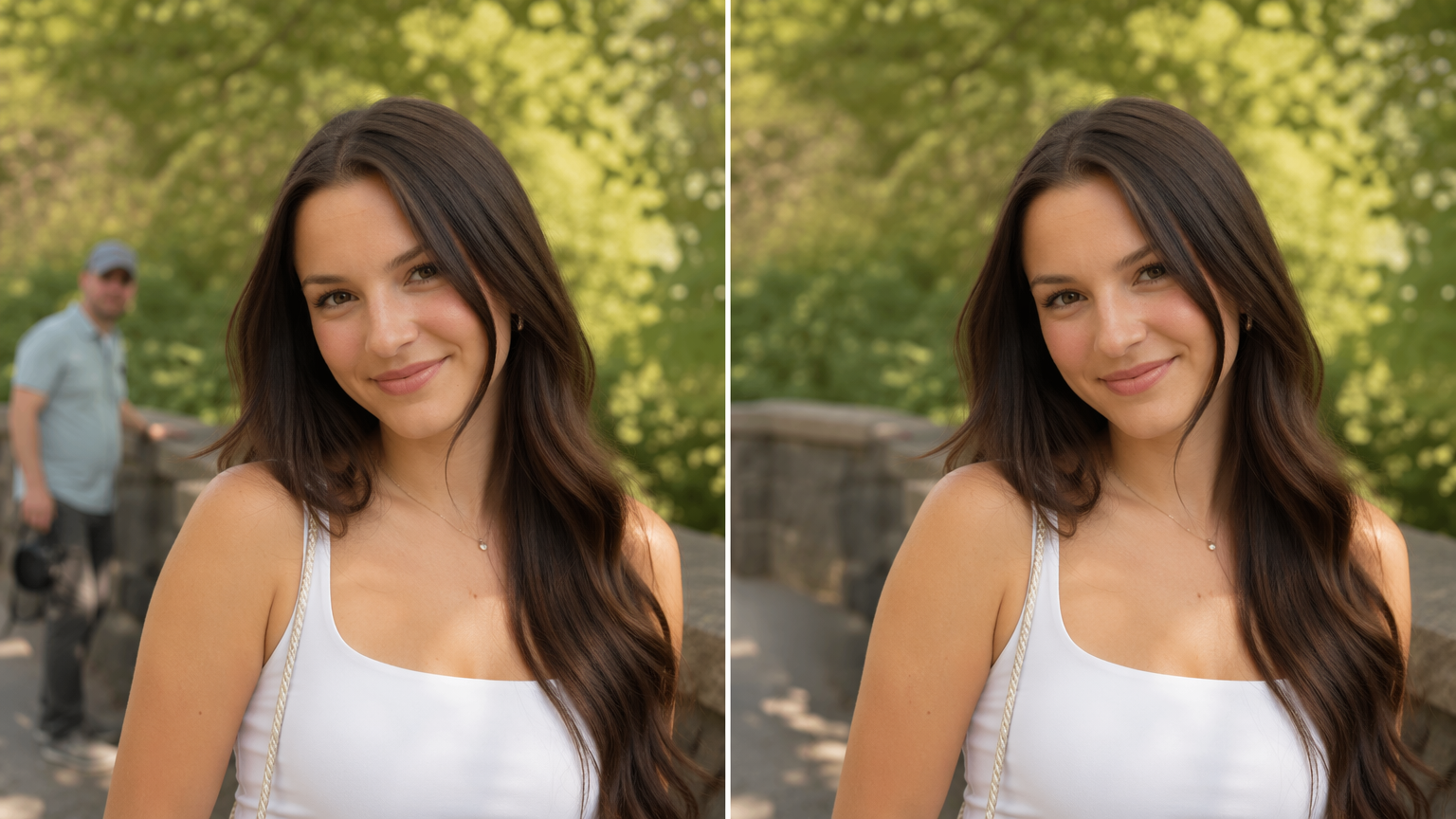 Before and after of the same portrait, a background stranger removed by AI inpaint