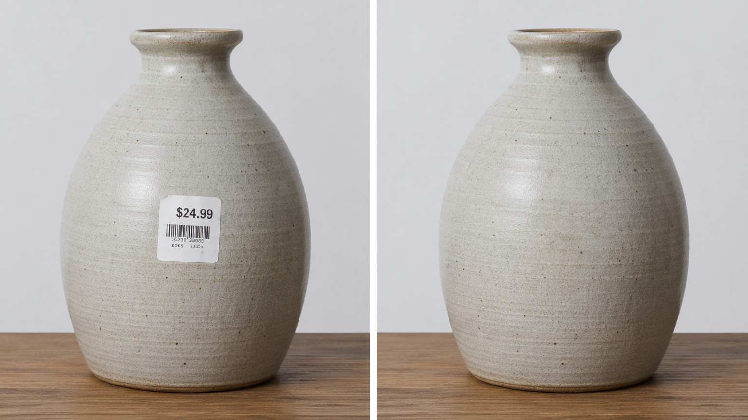 Before and after of the same ceramic vase, a price sticker removed by AI inpaint
