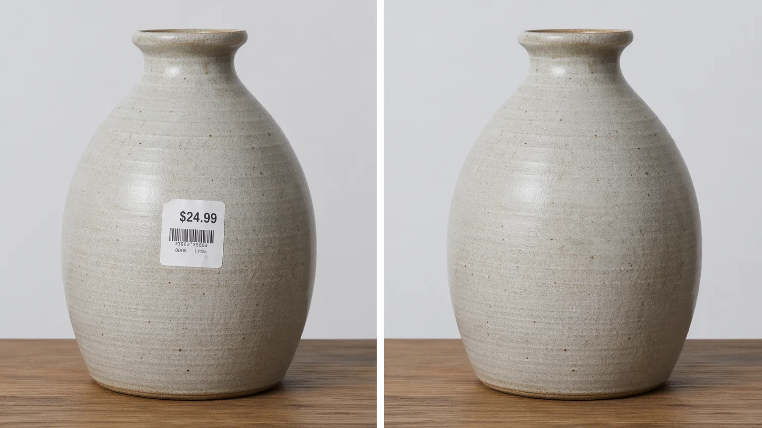 Before and after of the same ceramic vase, a price sticker removed by AI inpaint