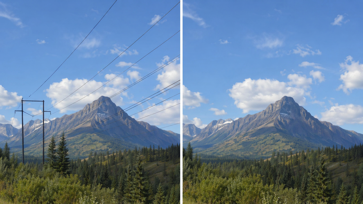 Before and after of the same mountain landscape, power lines removed by AI inpaint