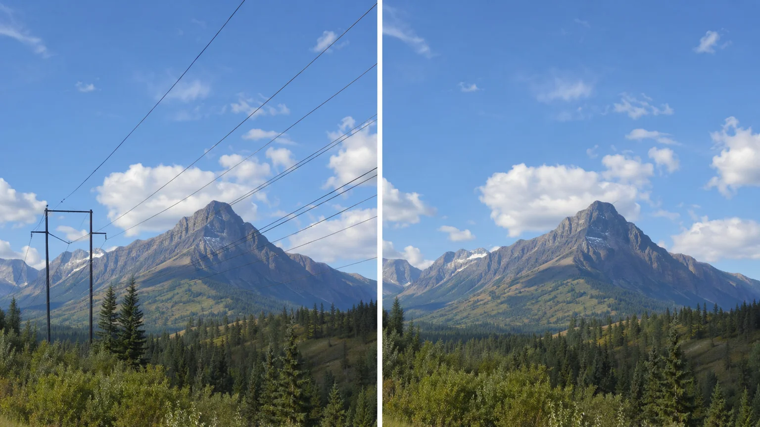 Before and after of the same mountain landscape, power lines removed by AI inpaint
