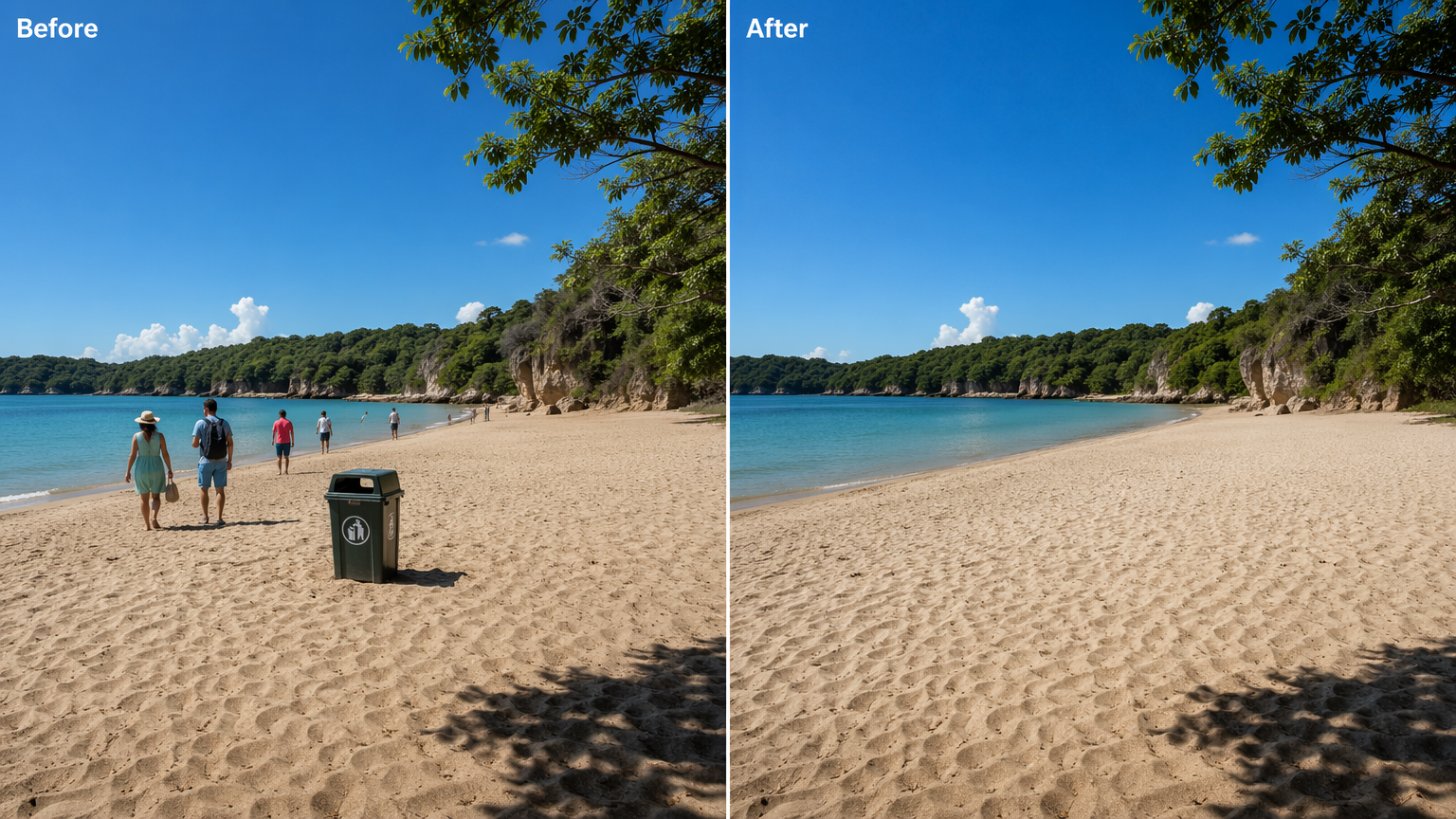 Before and after of a photo with an unwanted object removed and the area filled by AI re-render