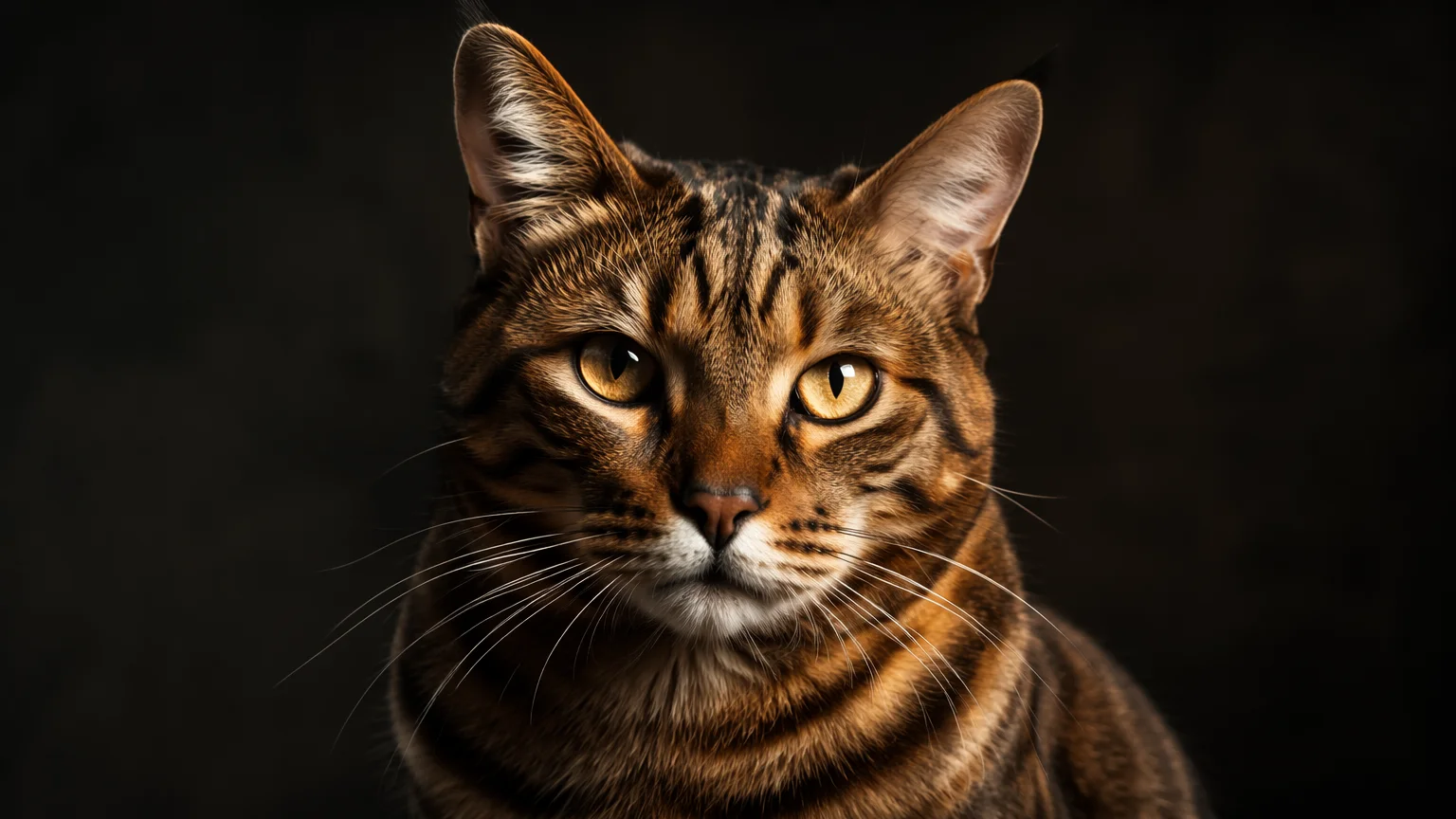 AI-generated photorealistic studio portrait of a tabby cat with warm studio lighting