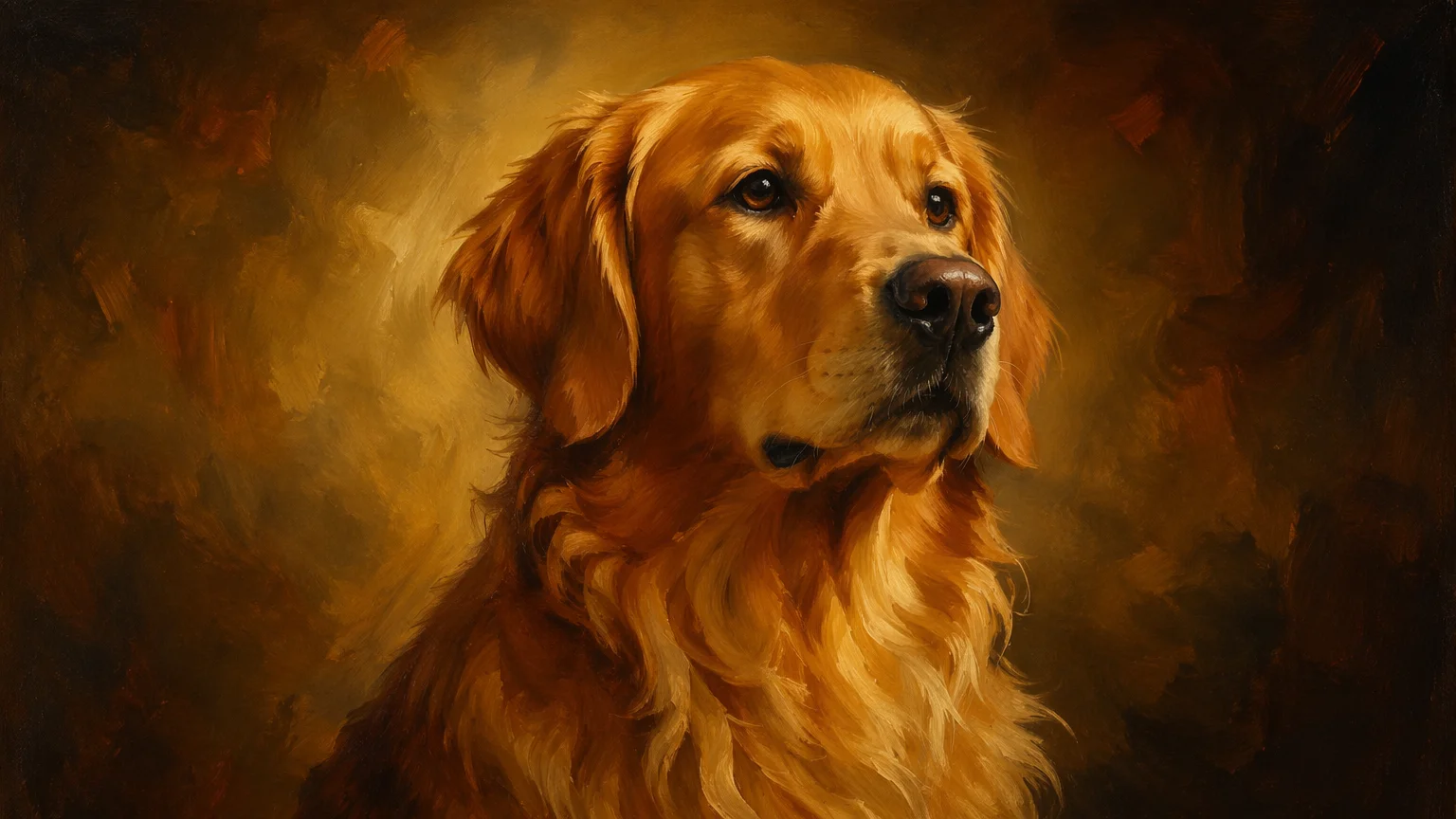 AI-generated oil painting style portrait of a golden retriever with warm amber tones