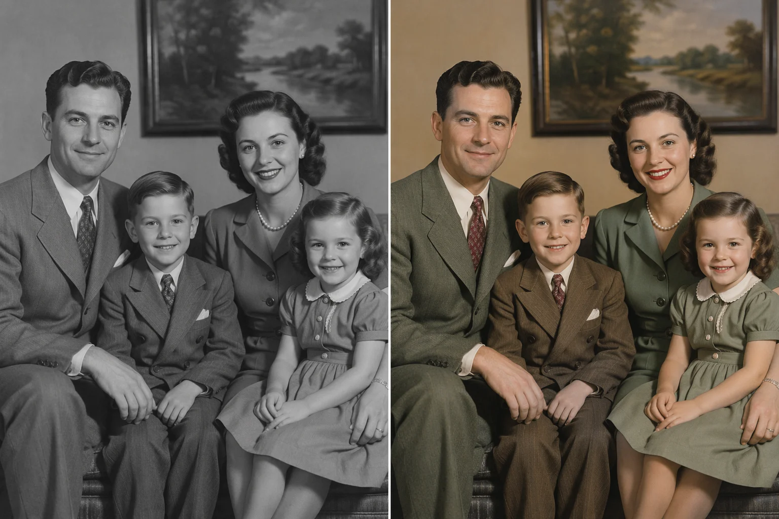 A black-and-white 1940s family portrait colorized with warm natural tones