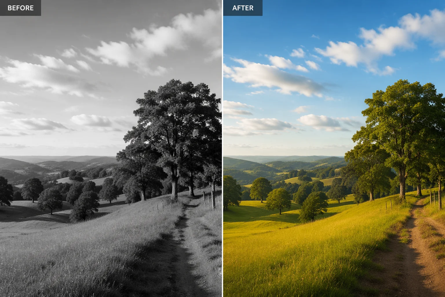 A black-and-white nature landscape colorized with realistic green and blue tones