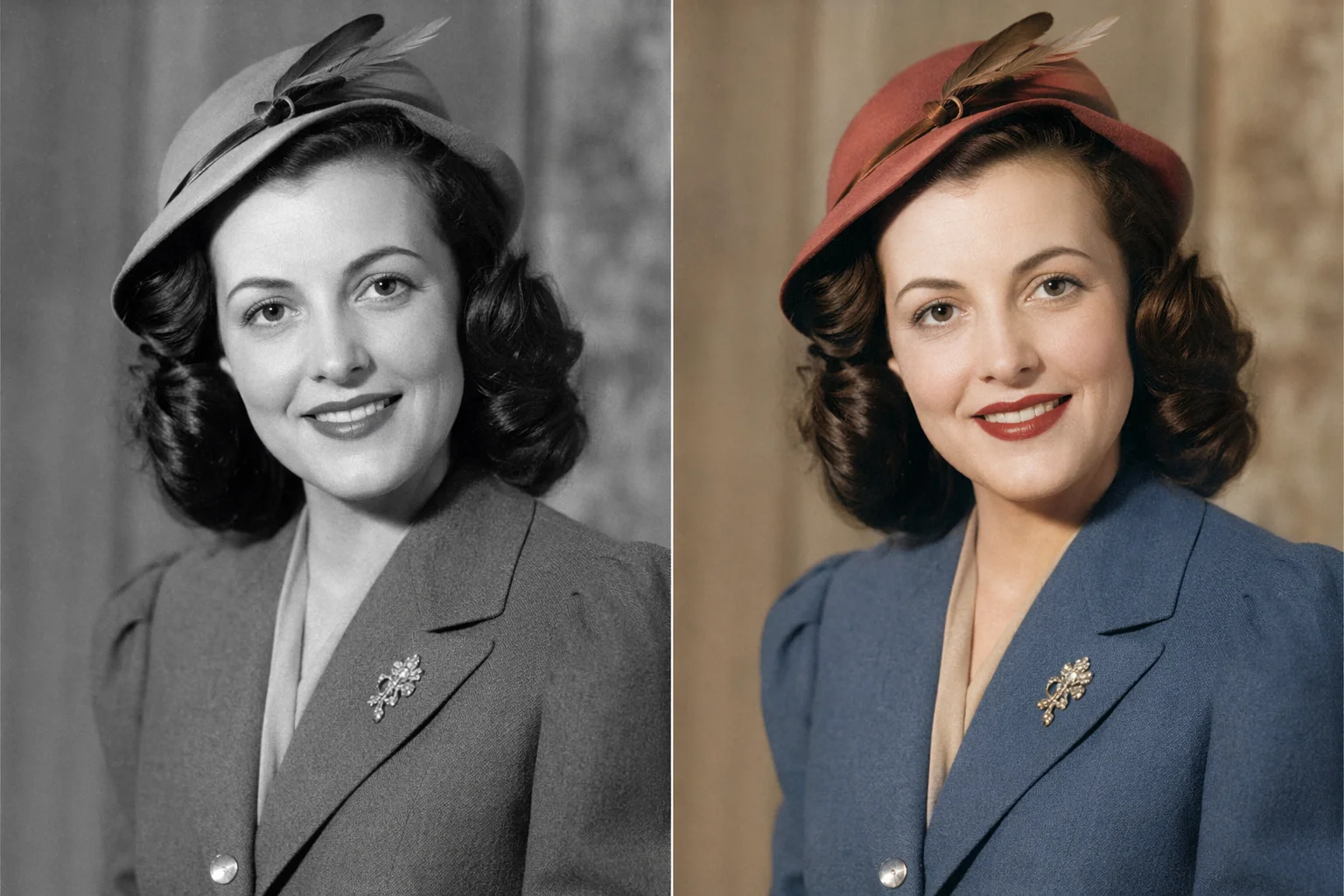 A black-and-white portrait photograph colorized by AI into a realistic full-color version