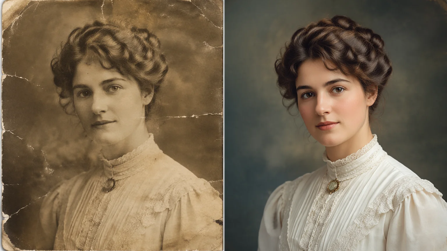 Before-and-after split of a faded sepia portrait of an original person restored and colorized with AI