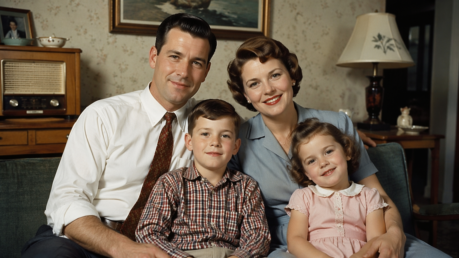A 1950s black-and-white family group photo of original people colorized with natural tones