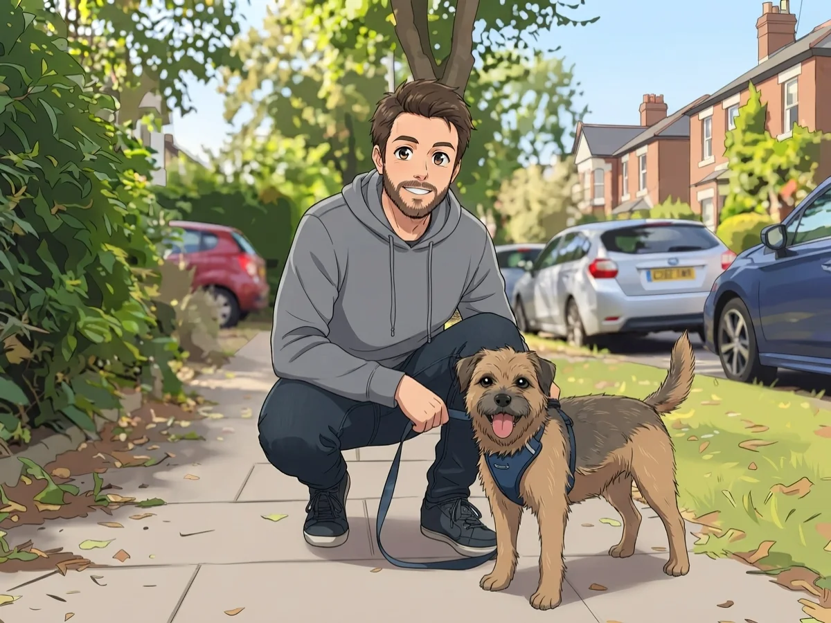 The same man and dog redrawn as a clean anime illustration with cel shading