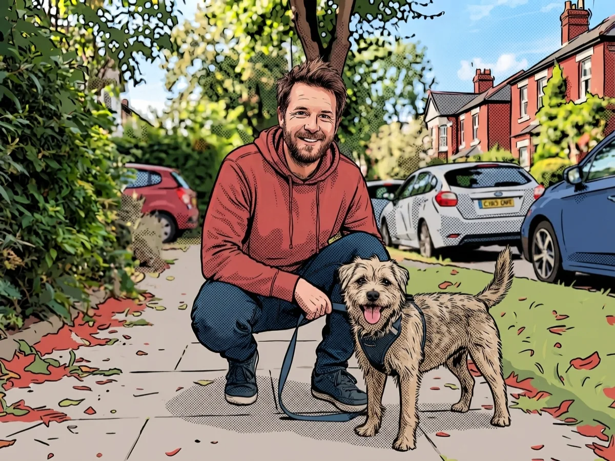 The same man and dog redrawn in a comic book style with bold ink outlines and halftone dots
