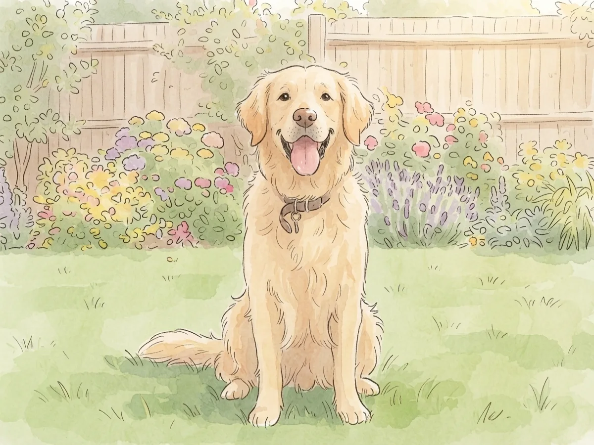 A photo of a golden retriever redrawn as a soft watercolour storybook illustration