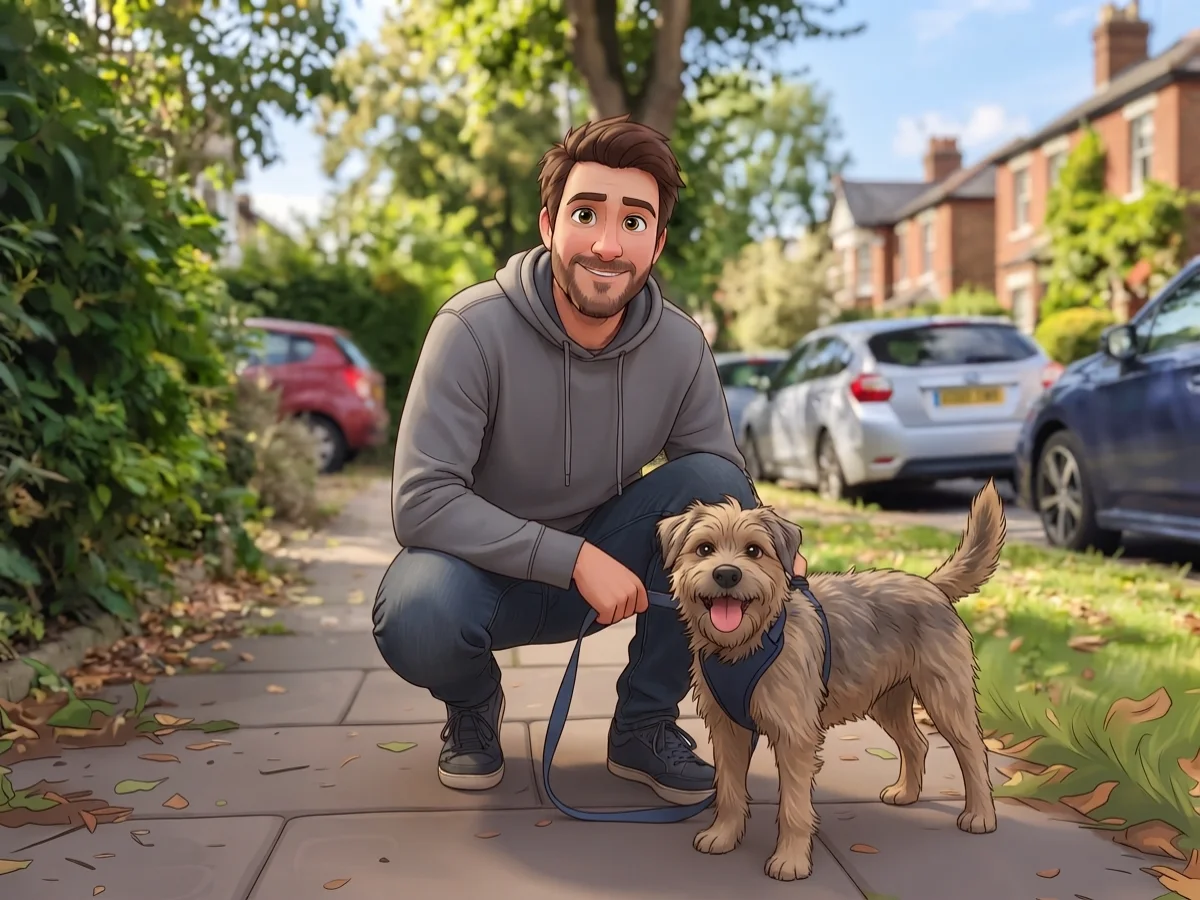 A photo of a man and his terrier redrawn as a 3D animated cartoon