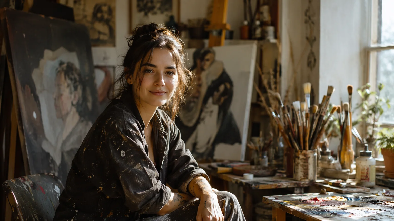 AI-generated environmental portrait of an artist in a studio surrounded by canvases and warm natural light