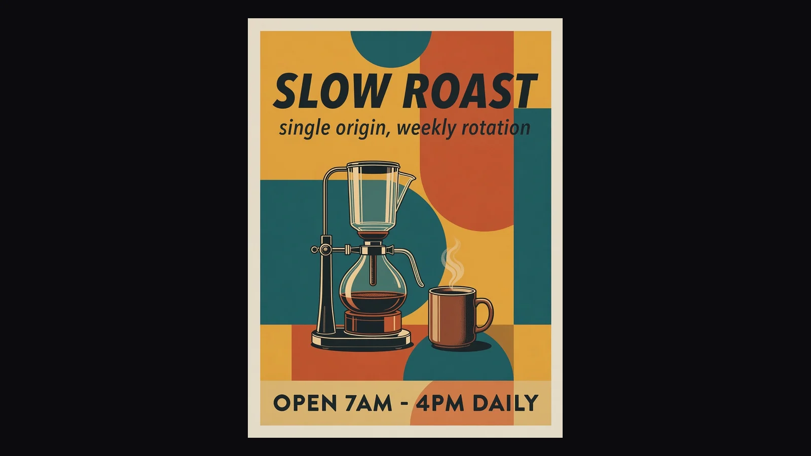 Mid-century illustrated AI poster for a coffee roaster with the headline SLOW ROAST