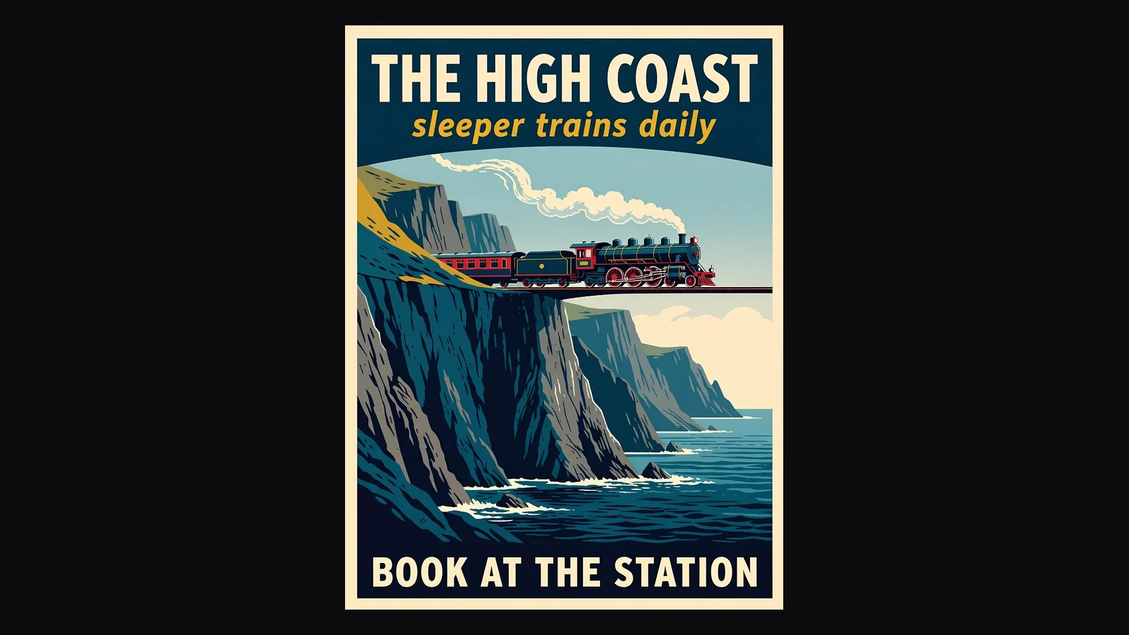 Vintage travel style AI poster of a coastal railway with the headline THE HIGH COAST