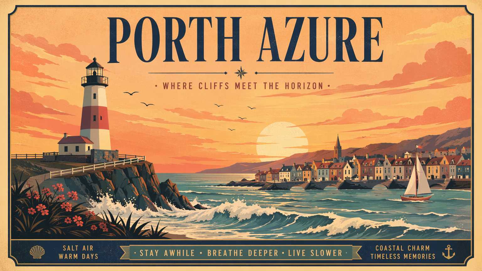 Póster de viaje vintage retro con IA en ilustración plana con una paleta cálida de atardecer