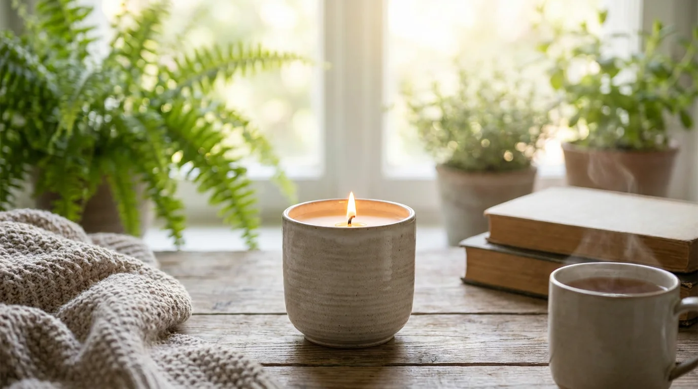Original scented candle on a cozy wooden table with soft window light