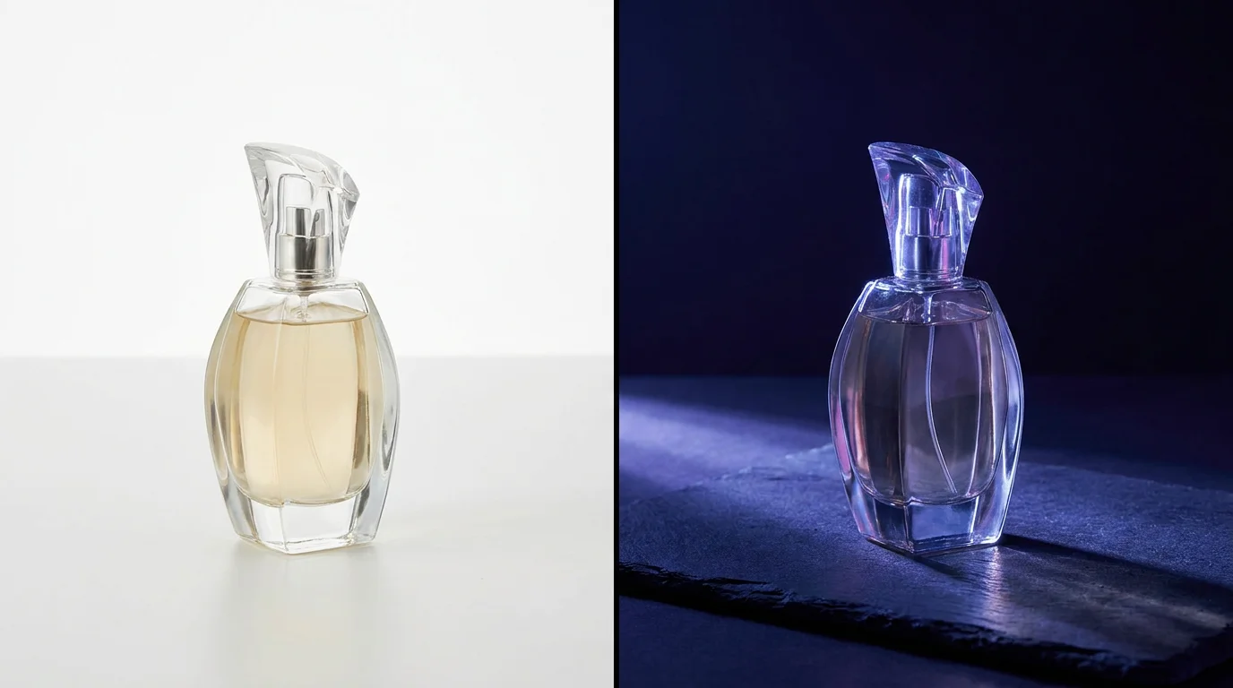 The same original perfume bottle shown on a white background and relit on a dark background